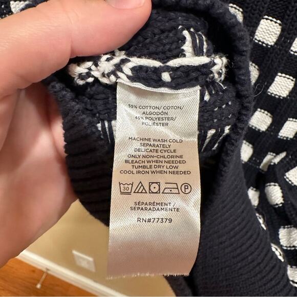 Ann Taylor Navy Blue White Checker Short Sleeve Knit Sweater Top Large - Picture 6 of 7